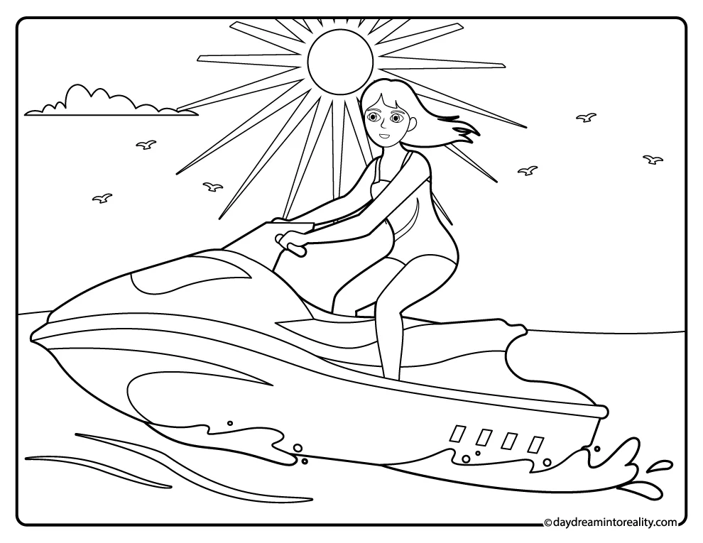 Girl riding a jet ski under the sun coloring page
