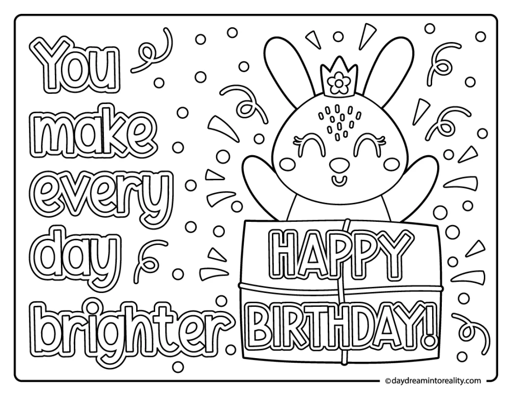 Kawaii bunny birthday coloring page with stars and a gift box