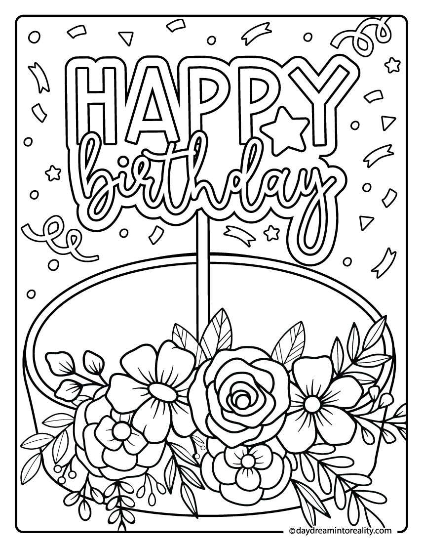 Floral birthday cake coloring sheet with cake topper.
