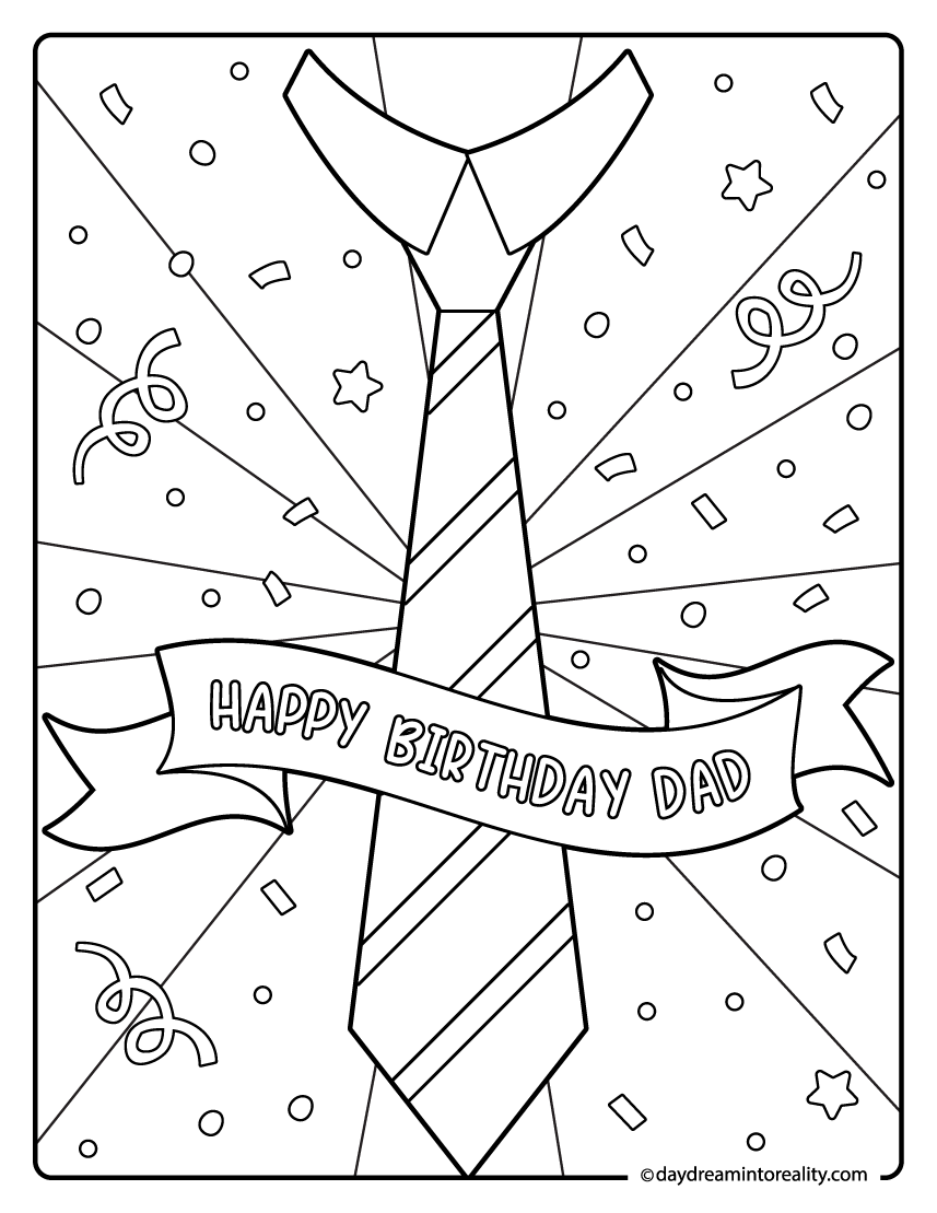 Dad birthday coloring page with striped necktie and fun rays
