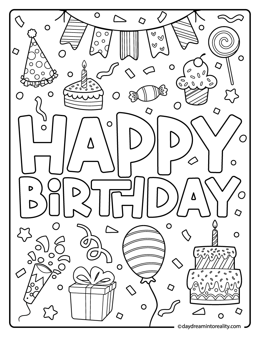 Cute and simple 'Happy Birthday' coloring sheet with doodles
