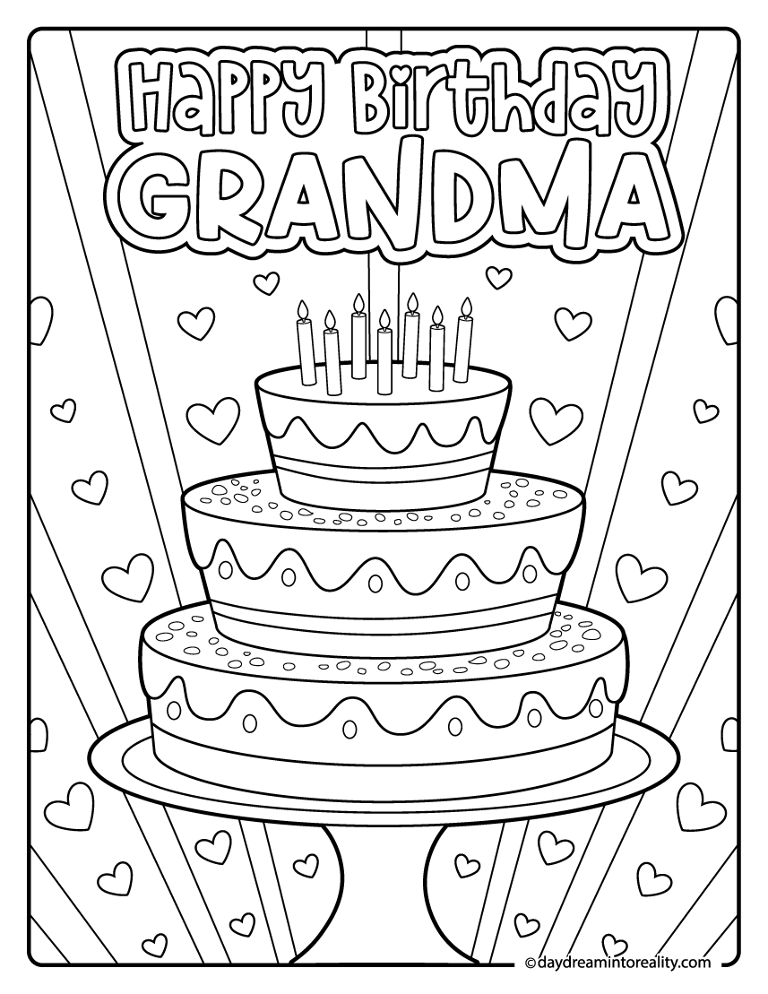 Grandma tiered cake coloring page with candles and hearts