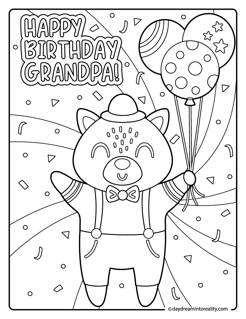 Grandpa birthday bear coloring sheet with bow tie and balloons