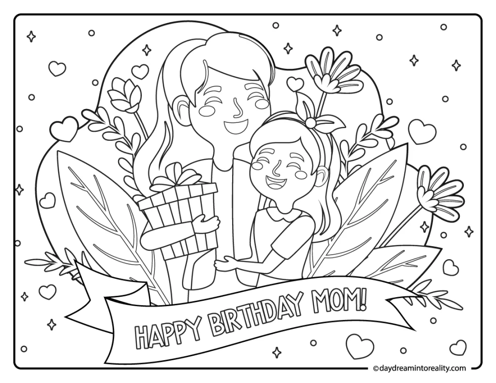 Mom and daughter hugging birthday coloring page with gift and flowers