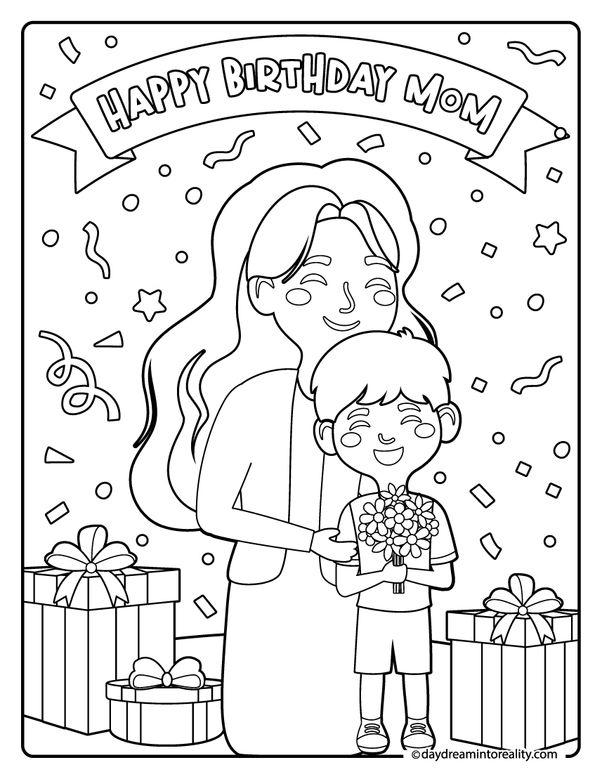 Mom hugging son birthday coloring page with gift and flowers