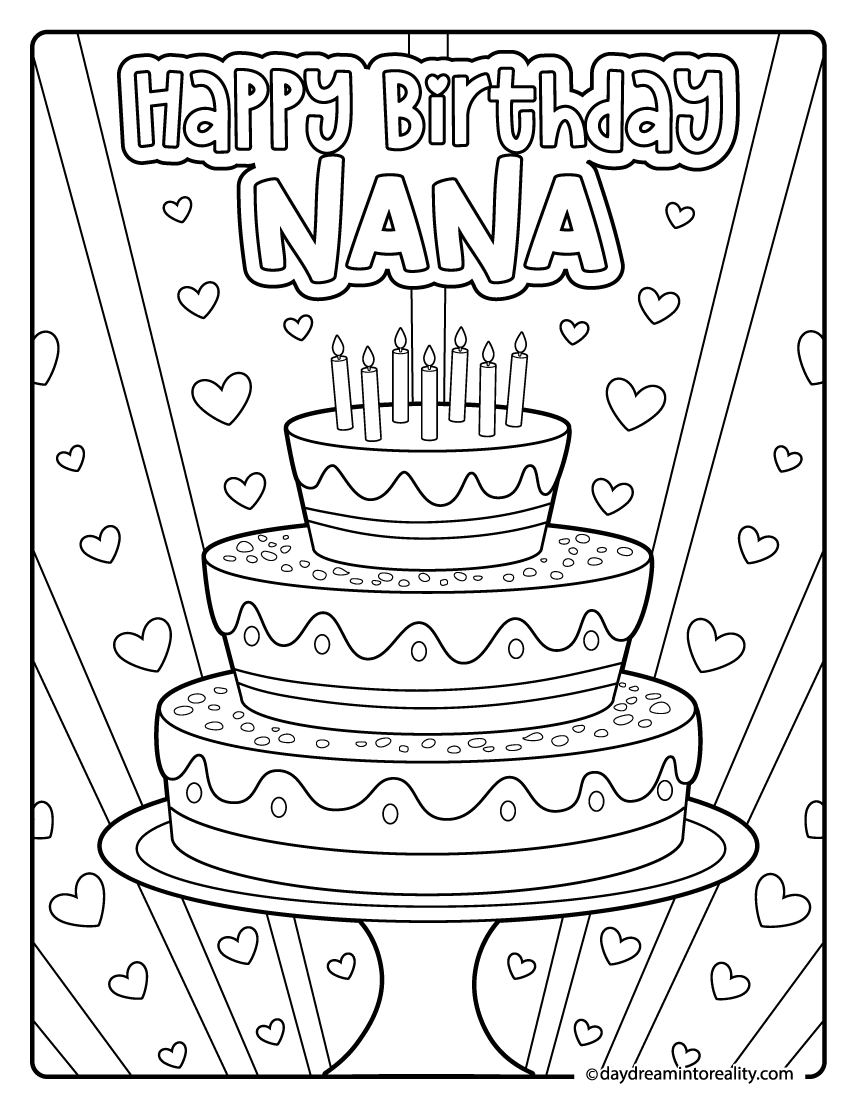Birthday cake coloring page for nana with candles and hearts