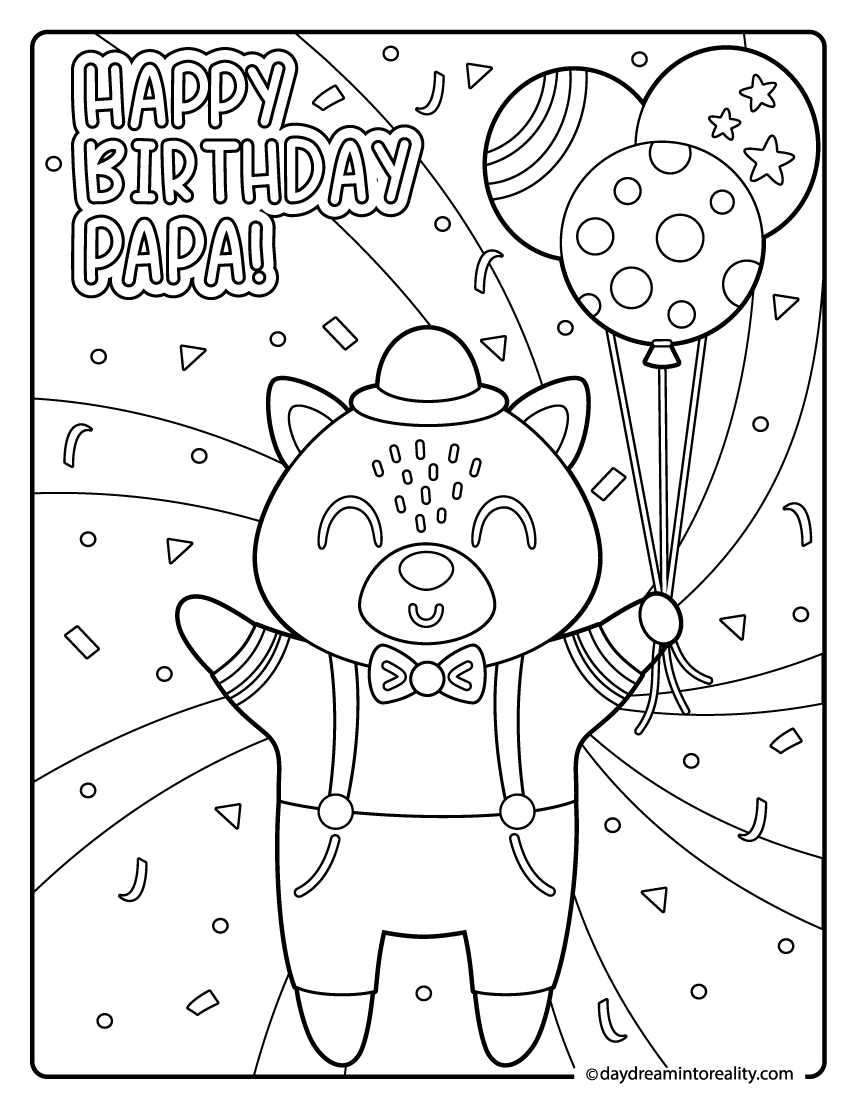 Cute bear with balloons birthday coloring page for papa