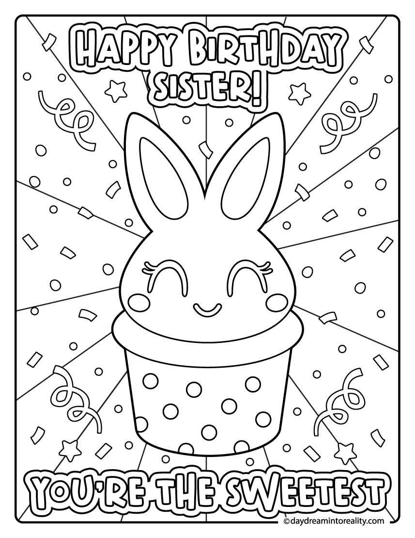 Bunny cupcake birthday coloring page for sister with confetti