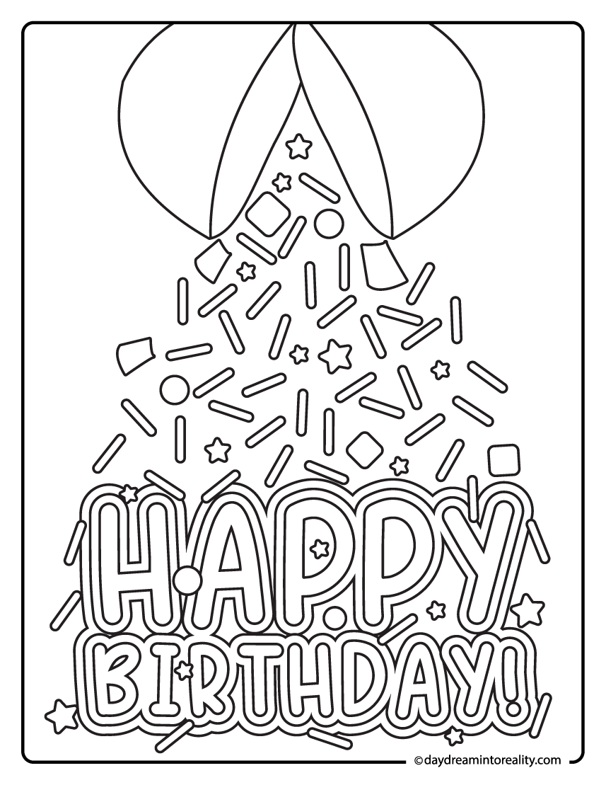 Confetti and sprinkles falling on birthday text coloring sheet