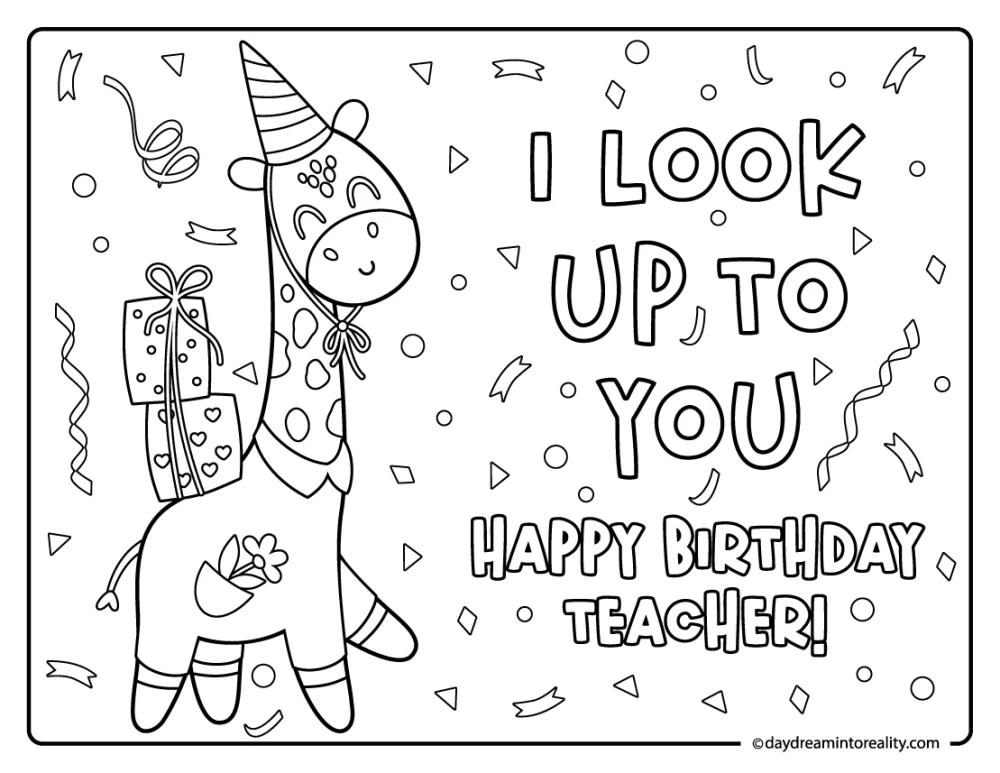 Cute giraffe birthday coloring page for teacher gift