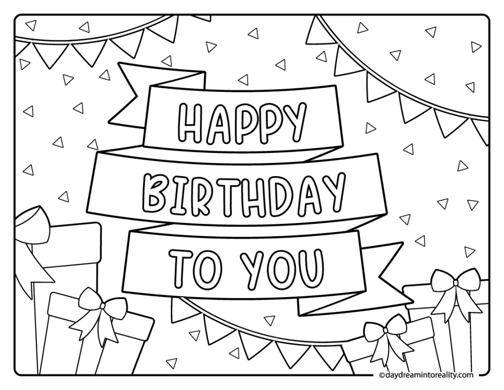 Birthday sign coloring page with present bows and celebration theme