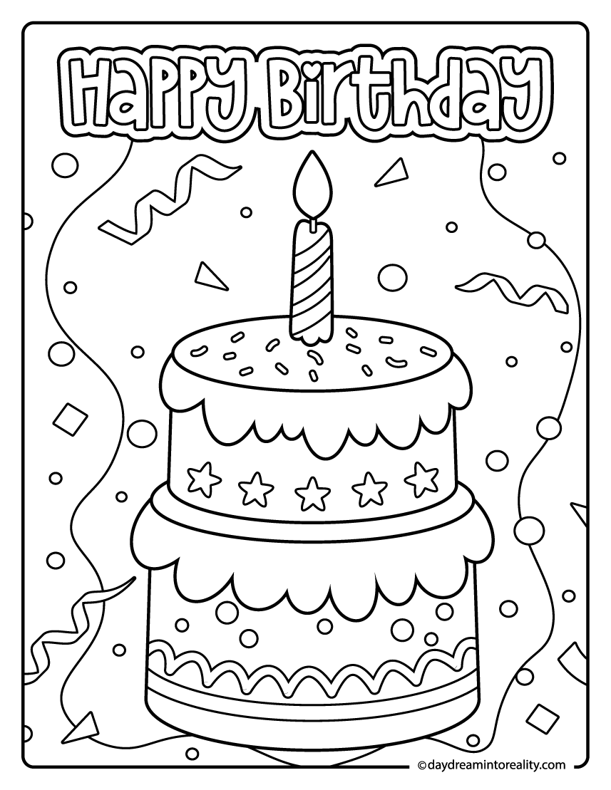 Birthday cake with candle and stars coloring sheet