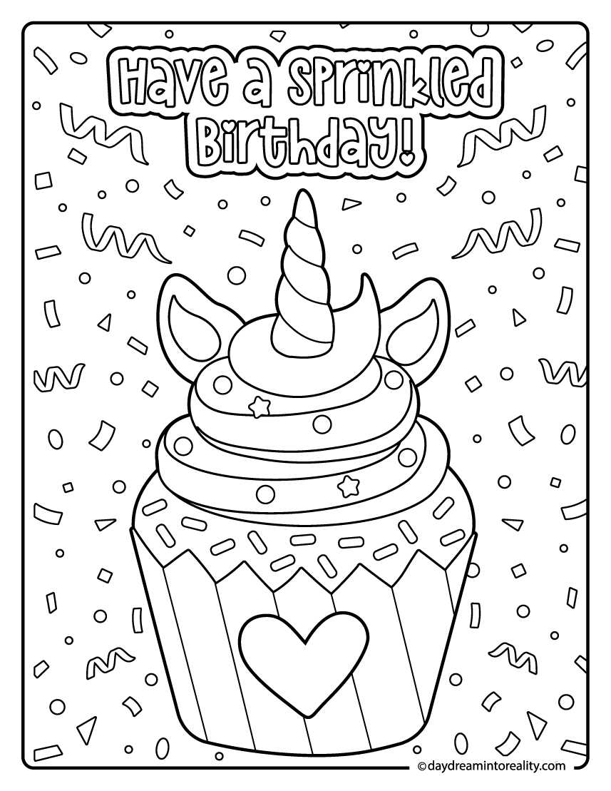 Cute unicorn cupcake coloring sheet with sprinkles