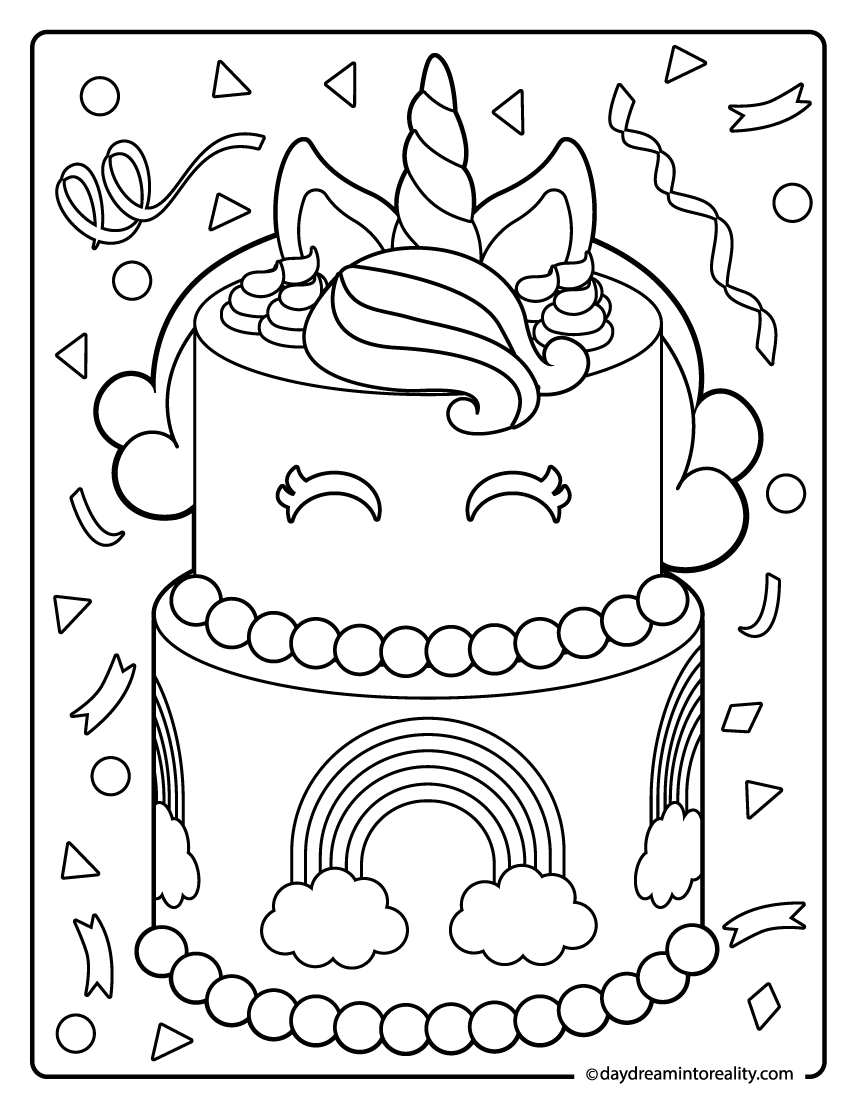Kawaii Unicorn birthday cake coloring page with rainbow and sprinkles