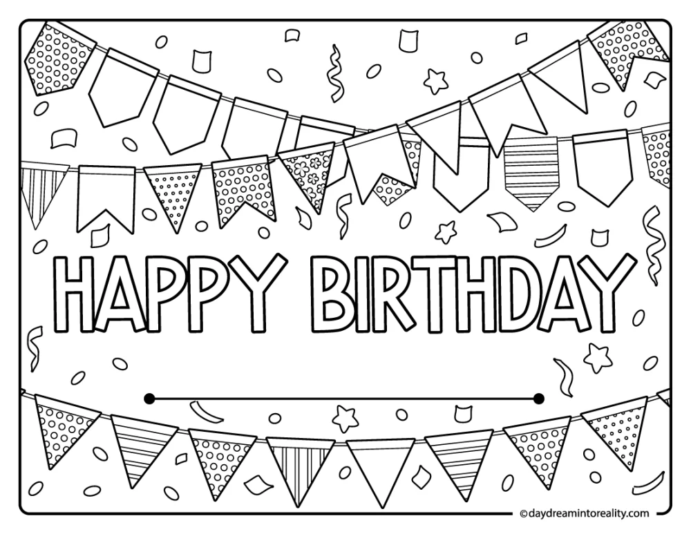 Birthday bunting and confetti banner coloring sheet