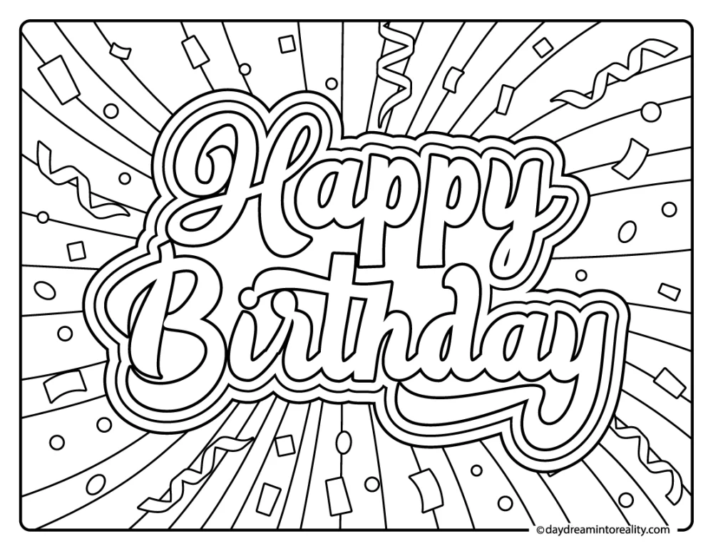 Retro burst 'Happy Birthday' text coloring page with confetti