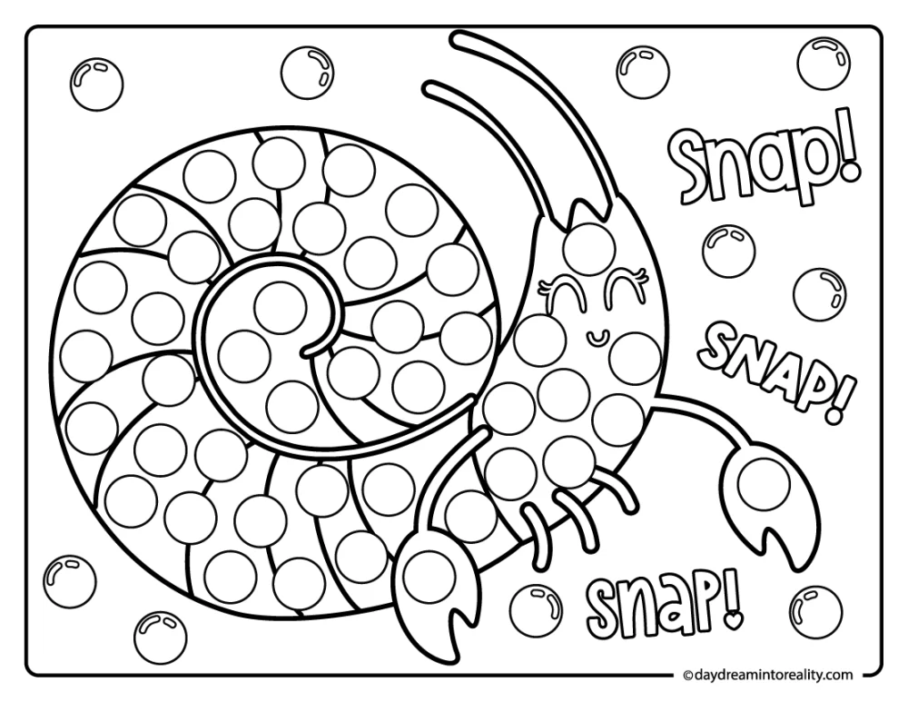 Snail shell hermit crab with “Snap” dot painting page
