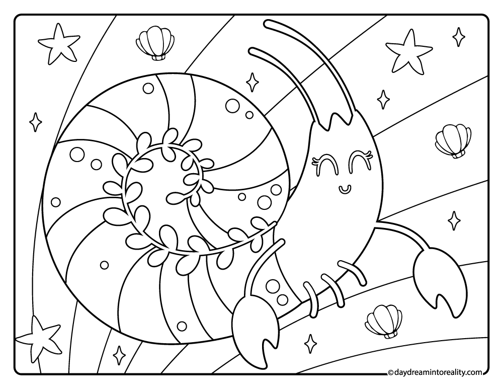 Hermit crab with spiral shell and tropical garland coloring page