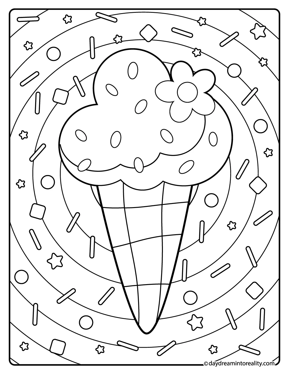 Ice cream cone with flower coloring page