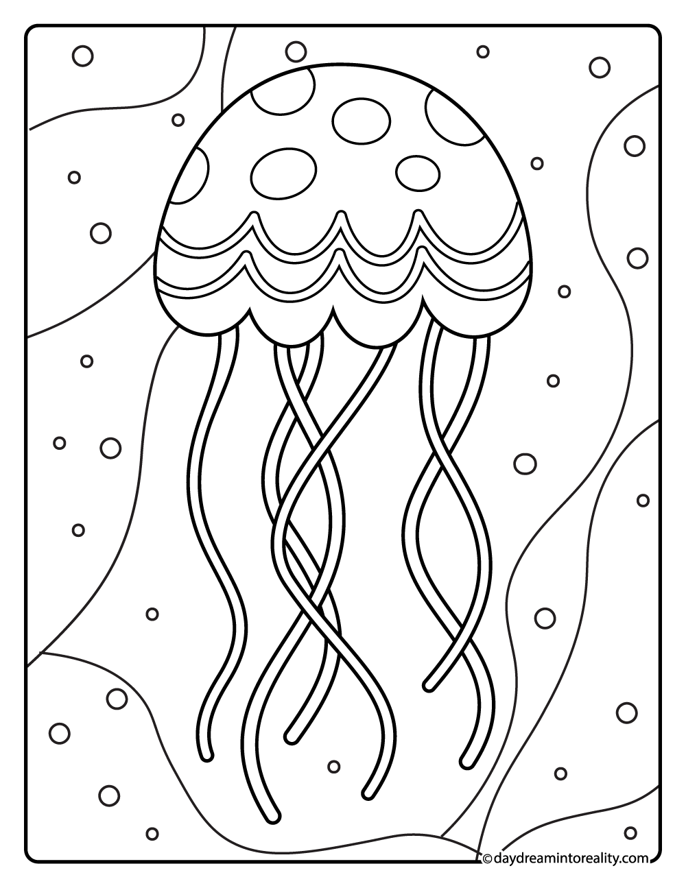 Jellyfish underwater with bubbles coloring page