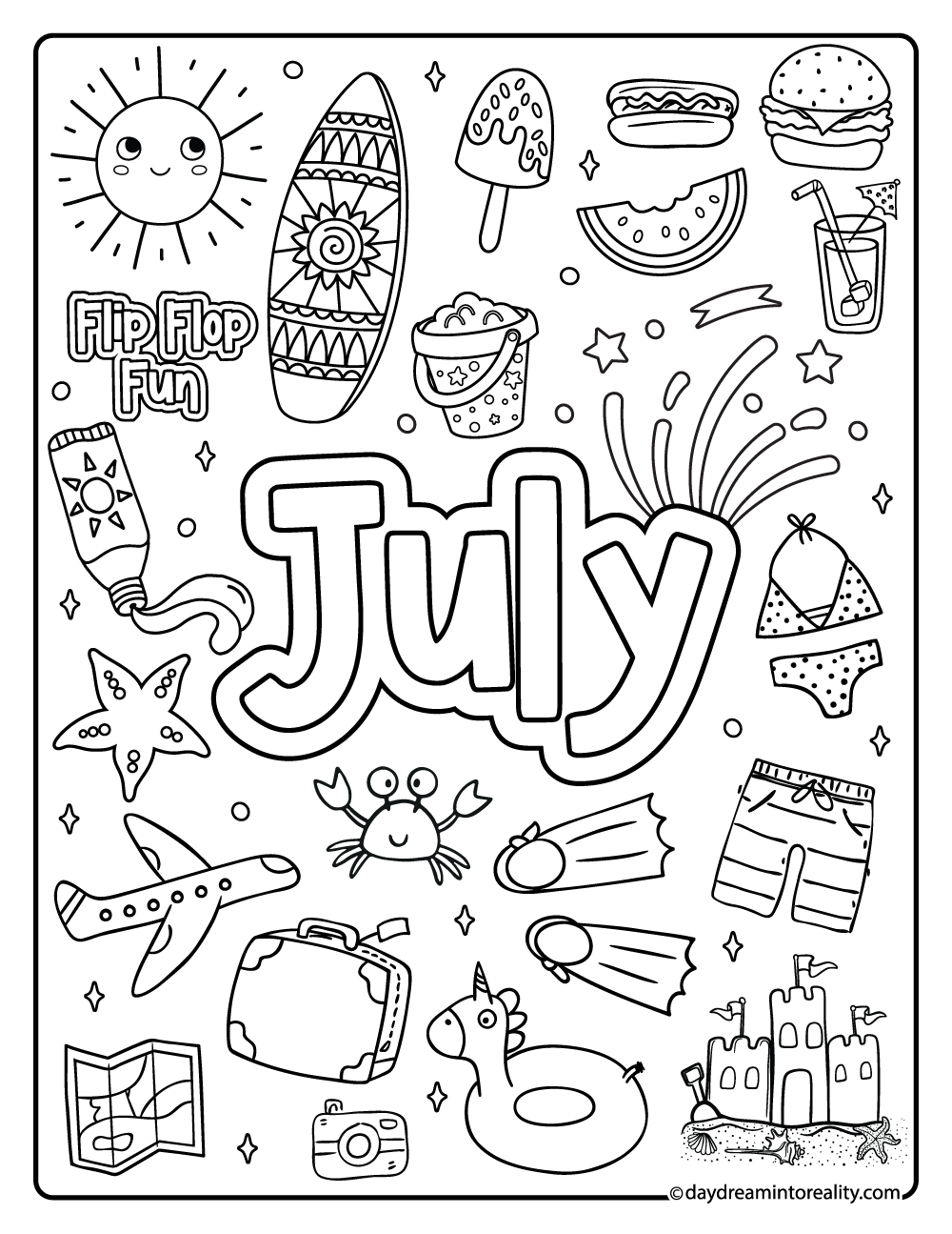 July doodle collage coloring page