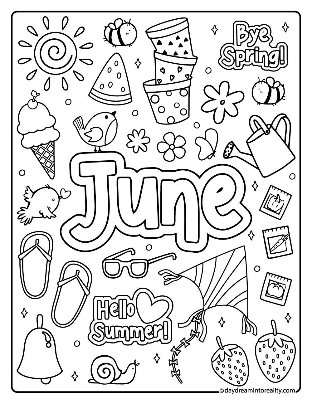 June doodle collage coloring page