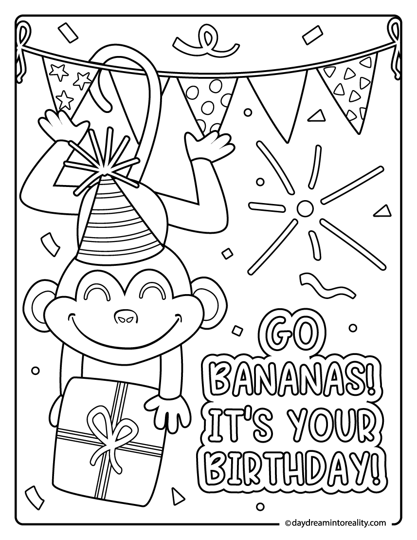 Silly monkey birthday coloring page with pun 'go bananas!'