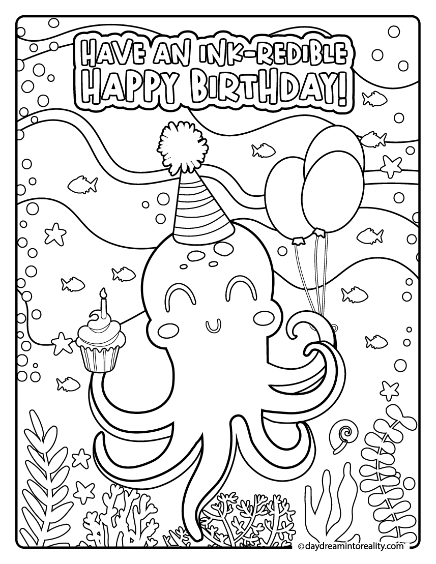 Octopus holding a cupcake and balloons birthday coloring sheet for kids