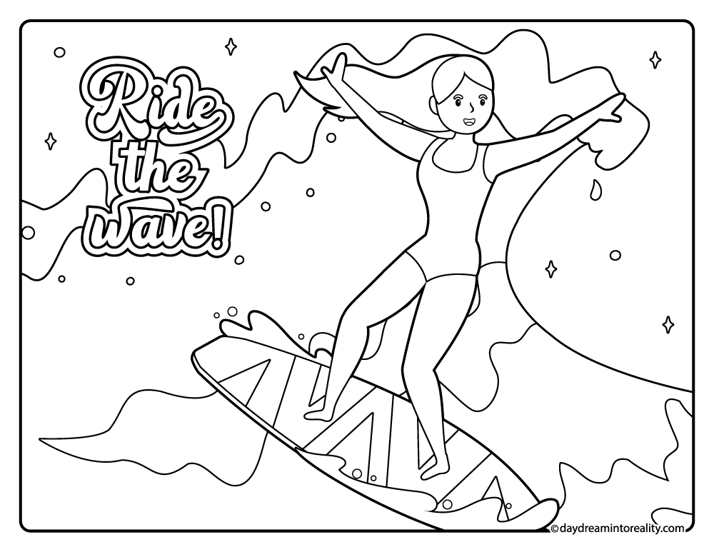 Ride the wave surfer girl coloring page
