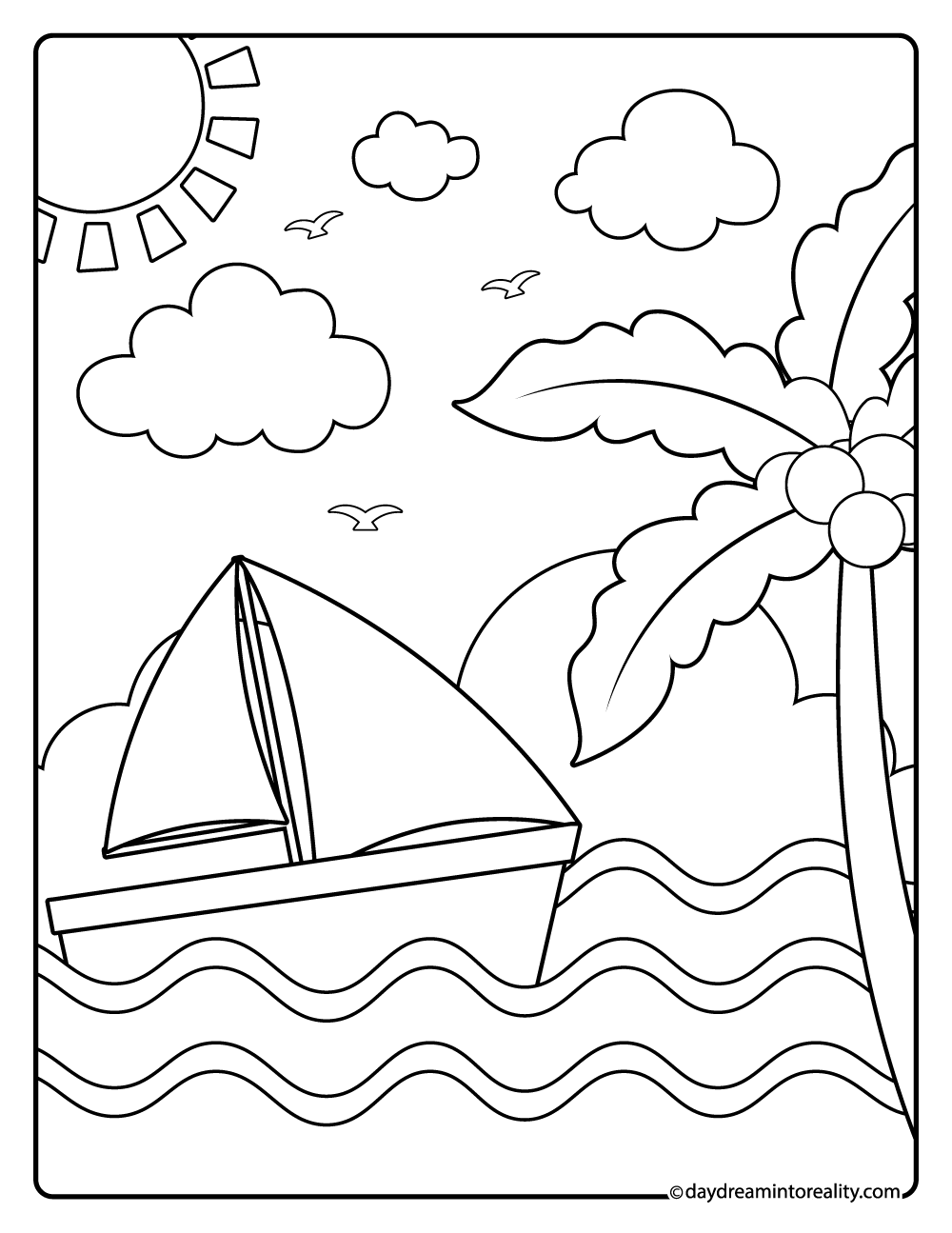 Sailboat on the ocean with palm trees coloring page