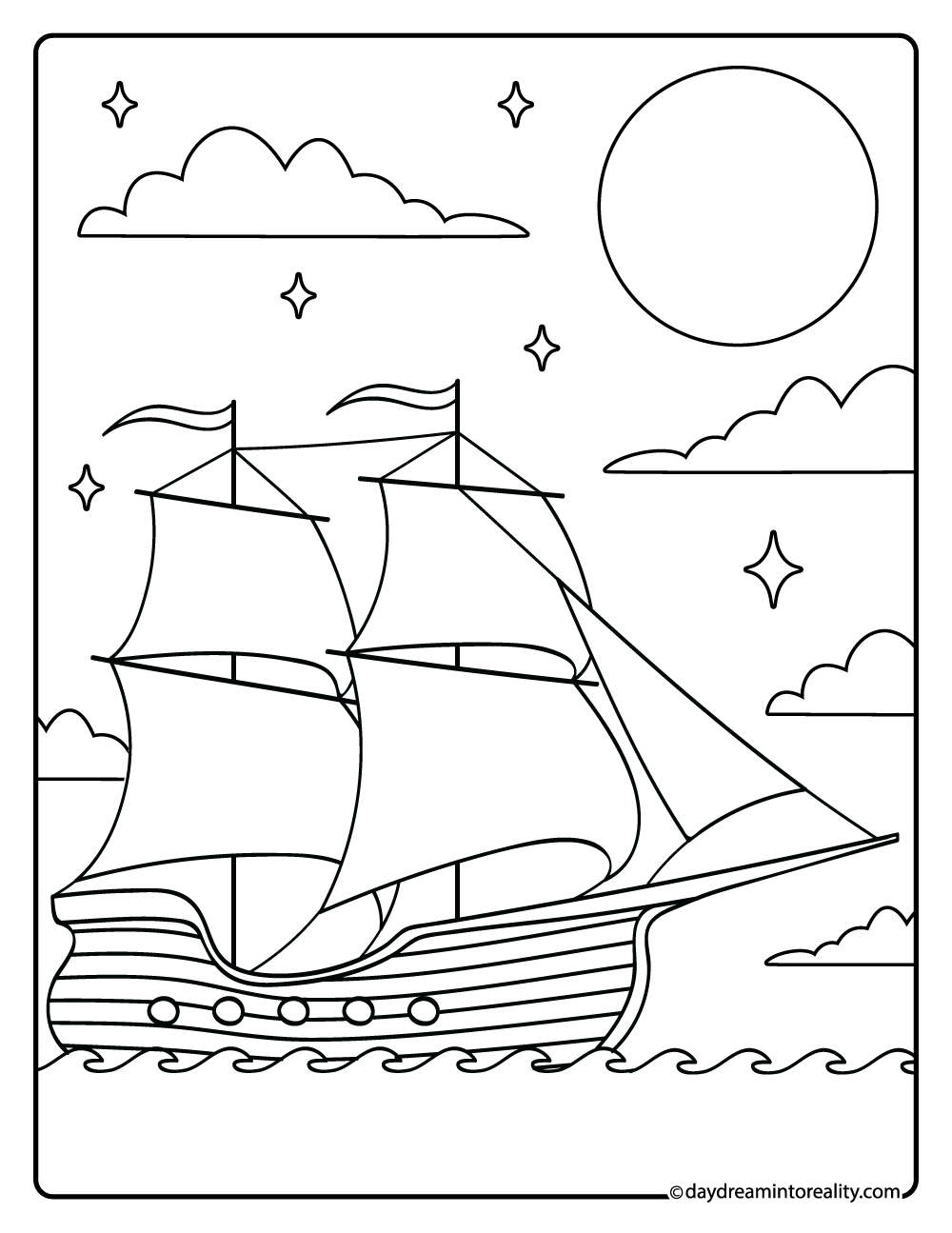 Sailing ship under the moon and stars coloring page