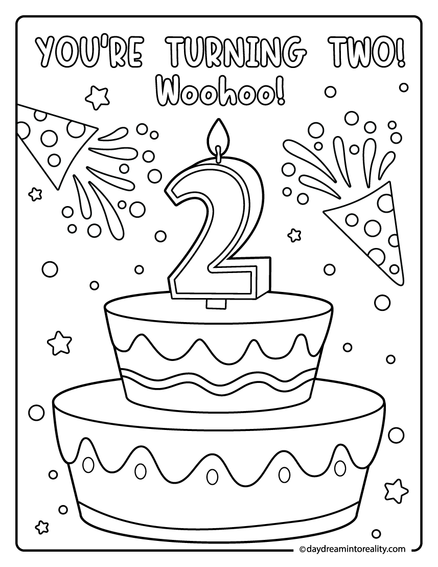 Number two birthday cake coloring sheet with confetti and candle