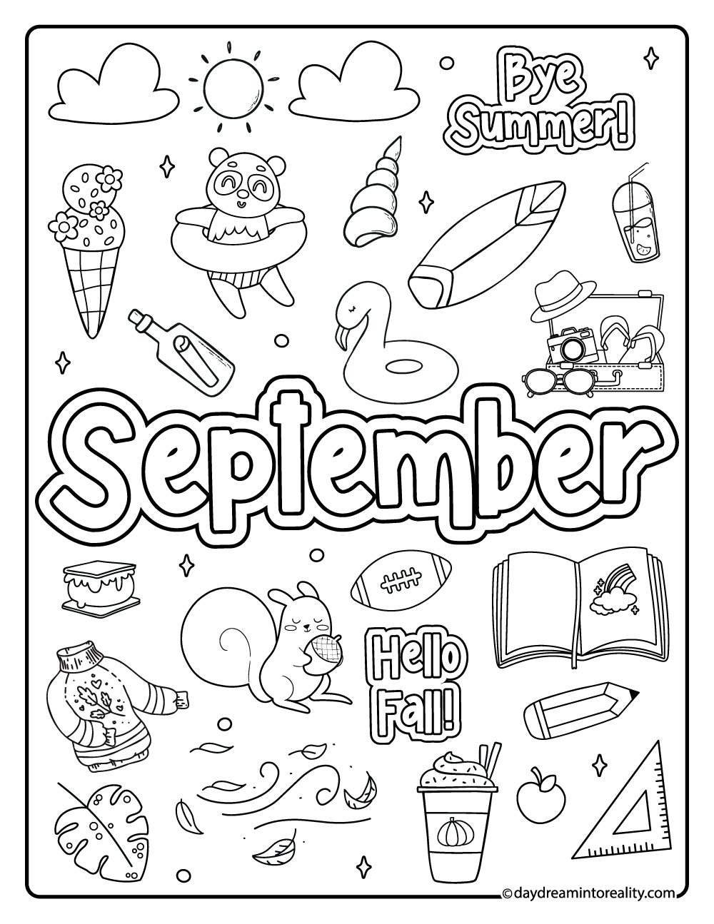 September doodle collage coloring page