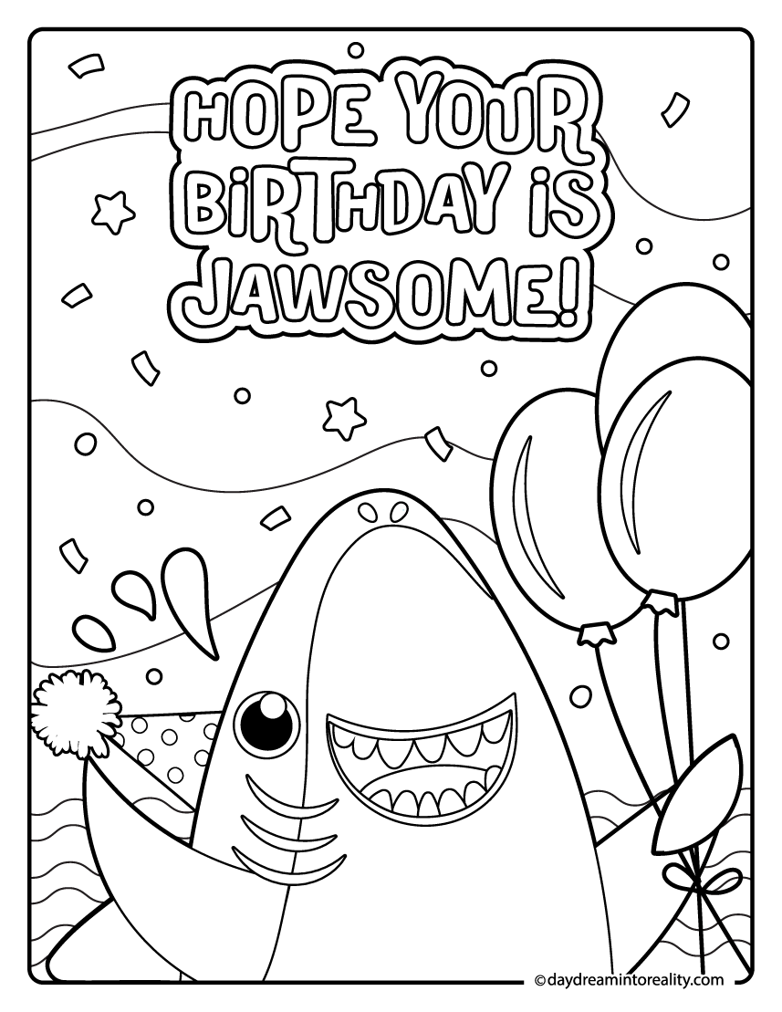 Shark birthday coloring page with pun 'jawsome' and balloons