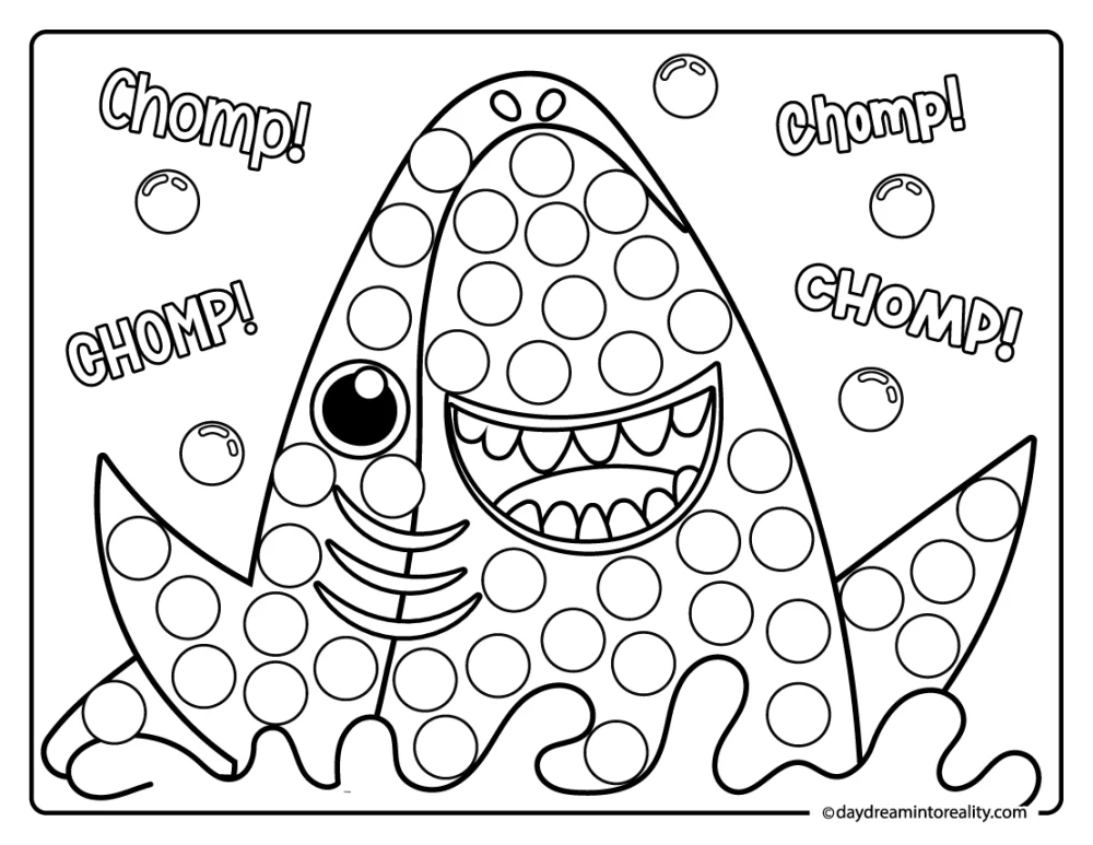 Shark dot painting page with “Chomp” summer phrase