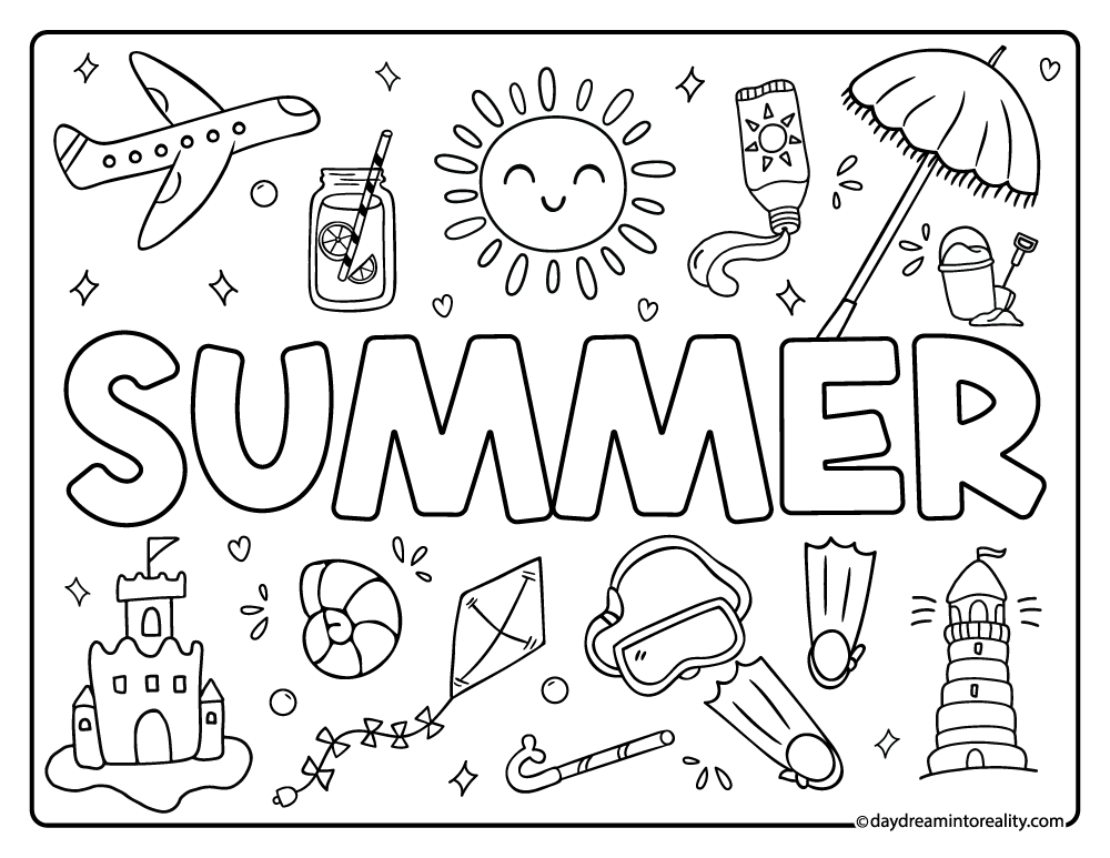 Summer doodle collage coloring page
