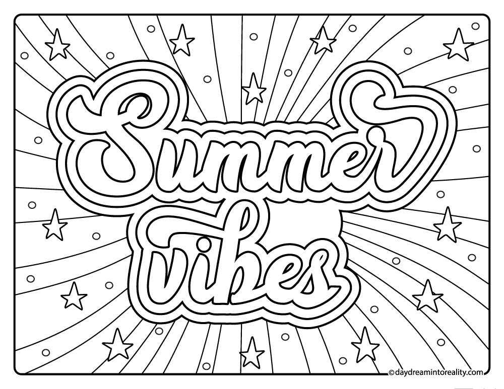 Summer vibes text with stars and rays coloring page