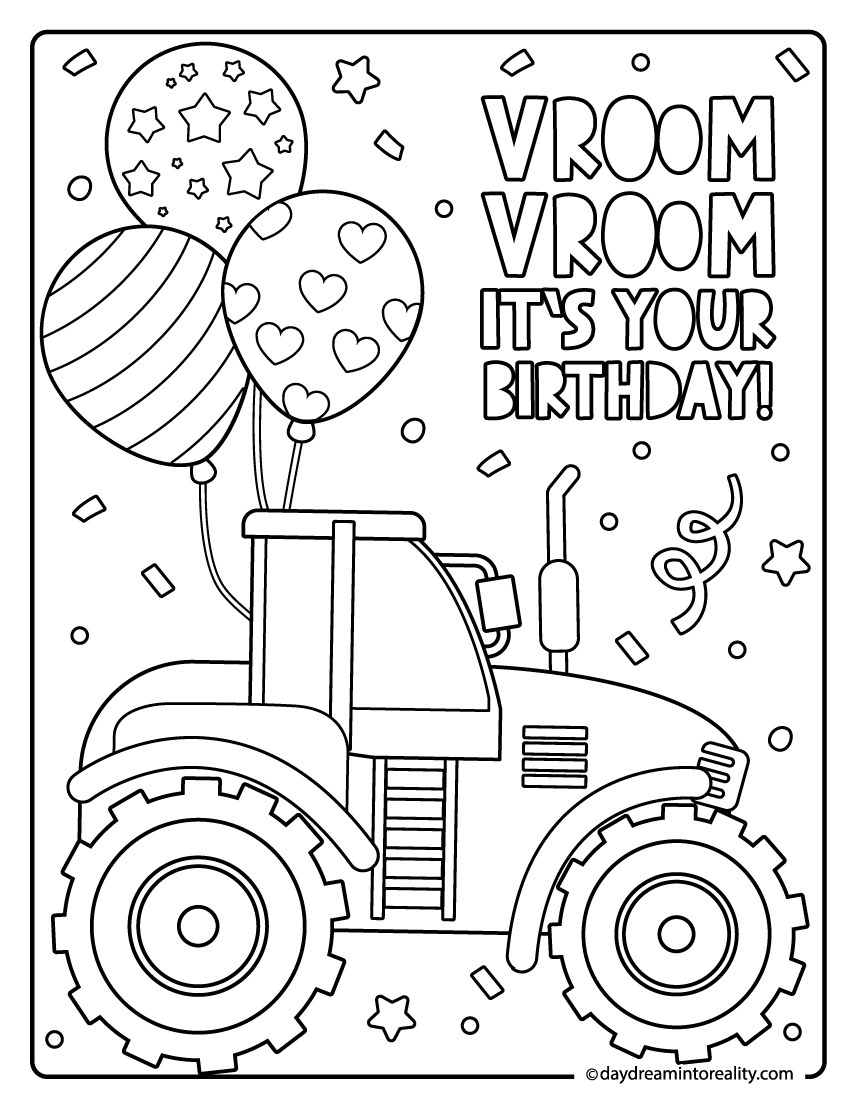 Tractor with balloons birthday coloring sheet for kids who love vehicles