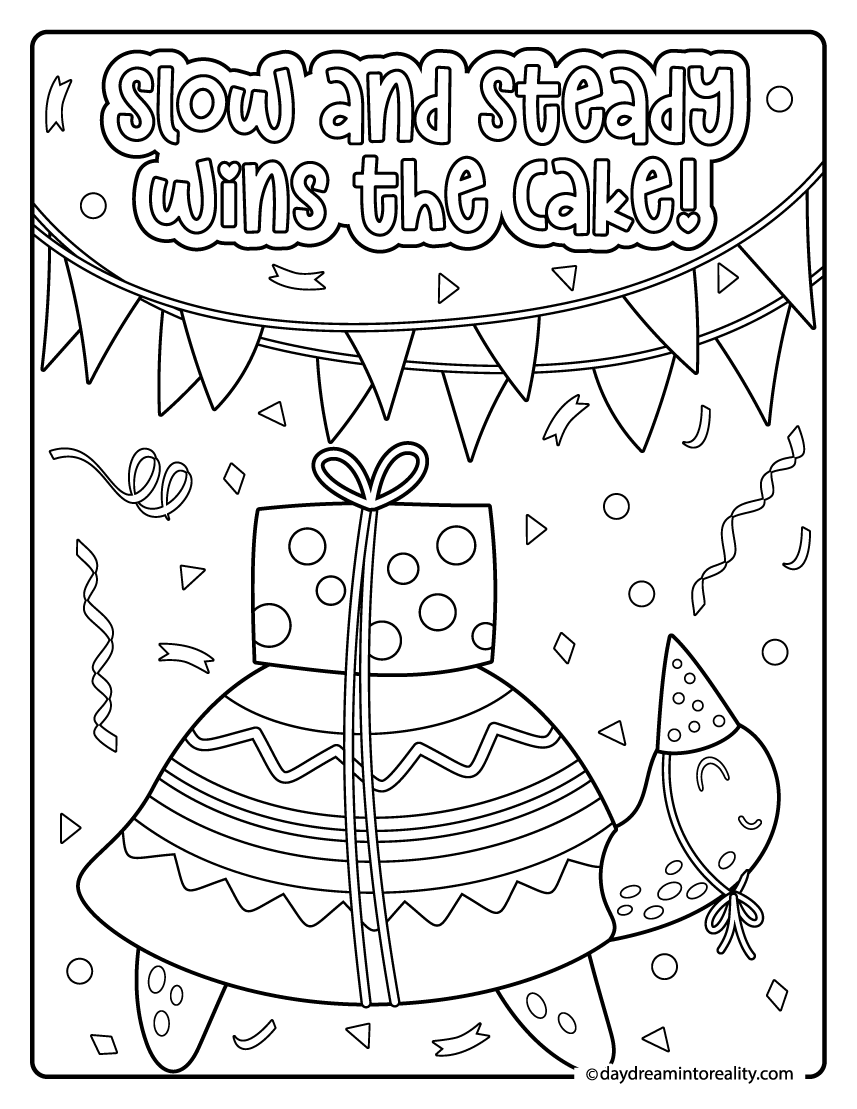 Cute little turtle carrying a birthday present coloring page