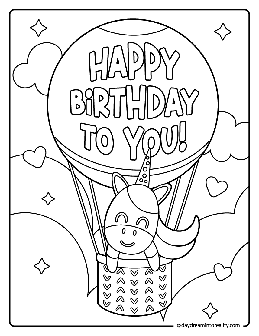 Unicorn floating with birthday balloons coloring sheet for kids