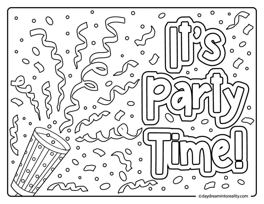 Confetti poppers and 'It's party time' birthday coloring sheet
