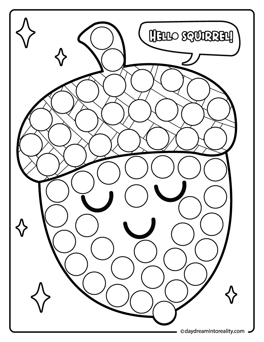Fall dot marker coloring page with acorn and hello squirrel text