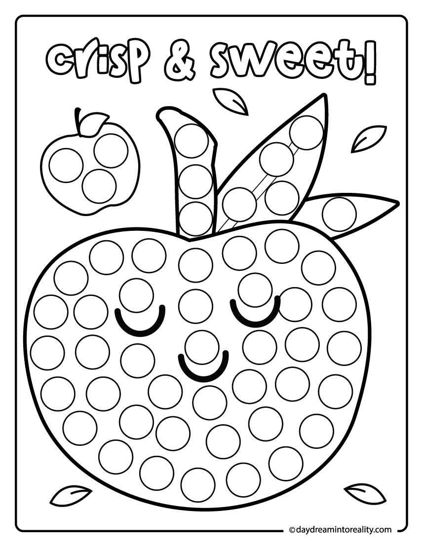 Fall dot marker coloring page with apple and crisp and sweet text