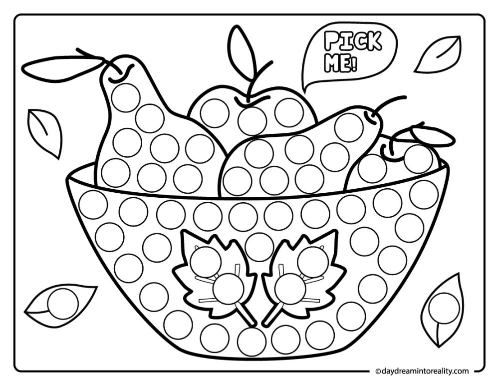 Fall dot marker coloring page with bowl of apples and pears pick me text
