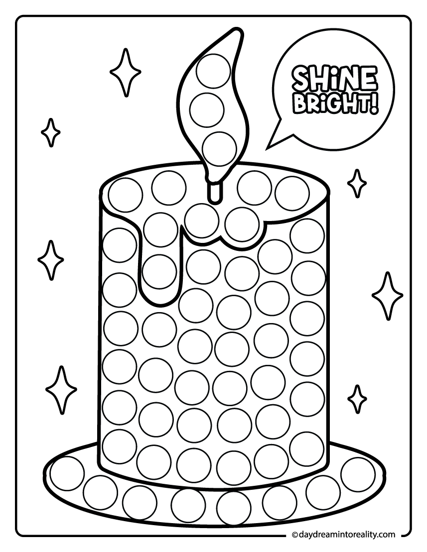 Fall dot marker coloring page with candle and shine bright text