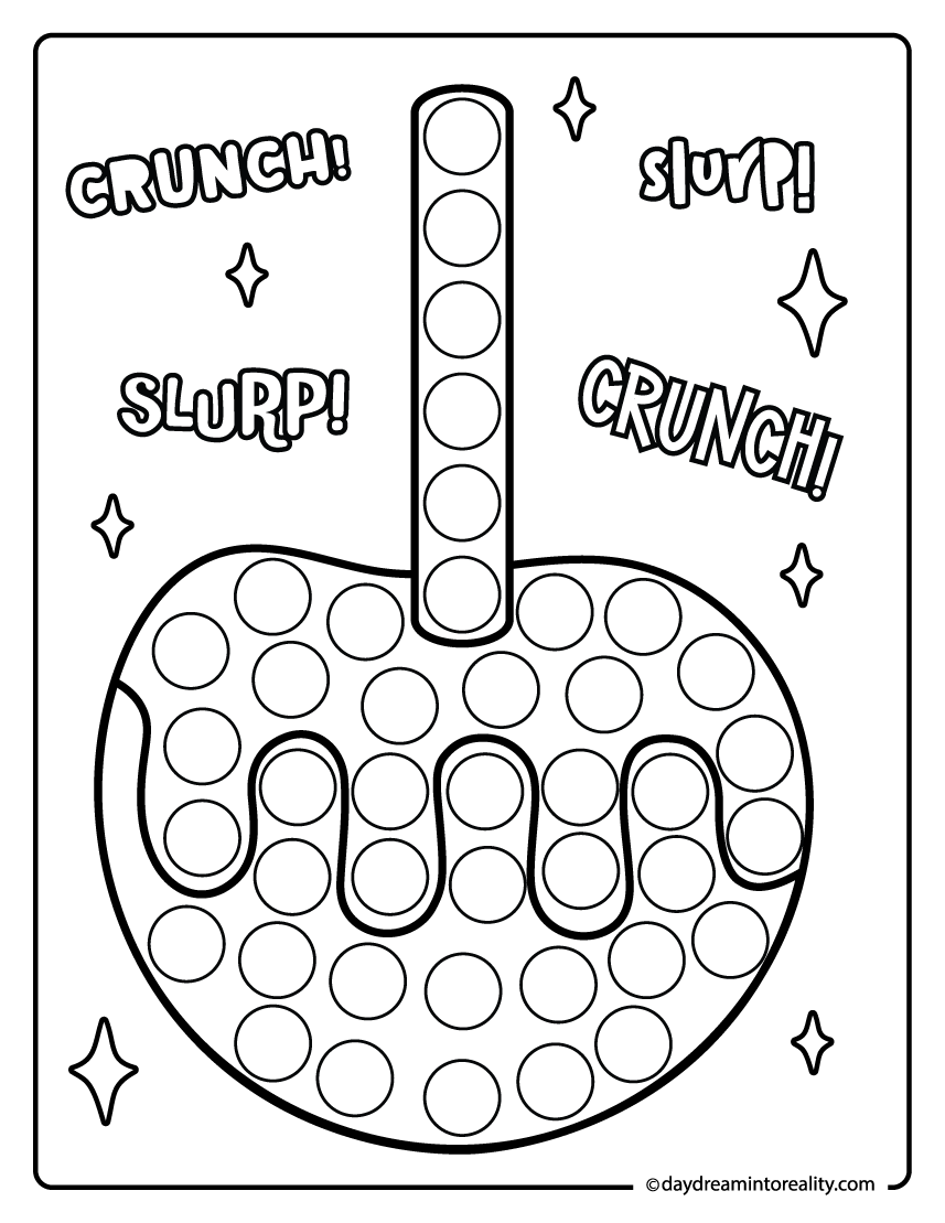 Fall dot marker coloring page with caramel apple crunch and slurp text