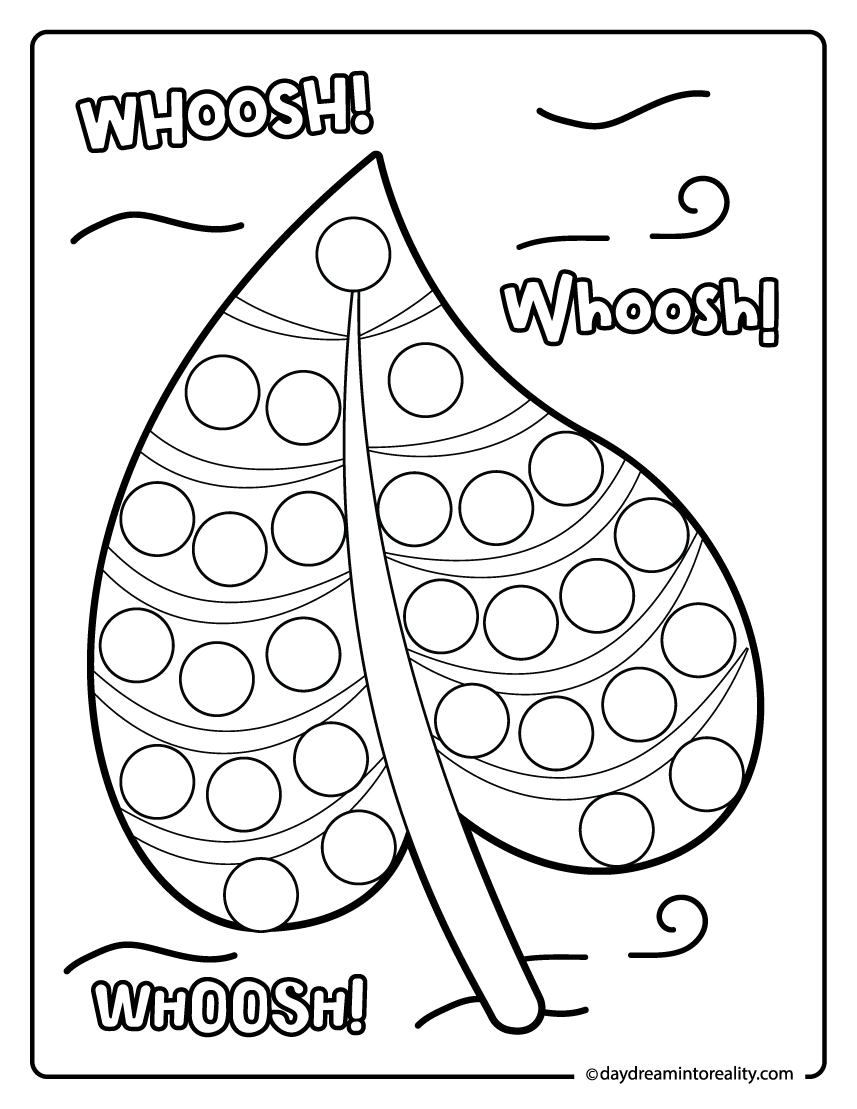 Fall dot marker coloring page with leaf blowing in wind whoosh