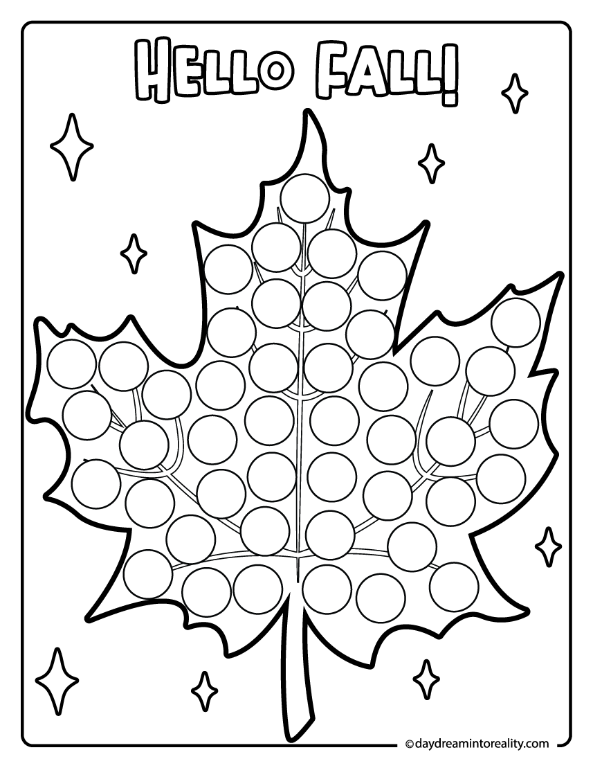 Fall dot marker coloring page with maple leaf hello fall text