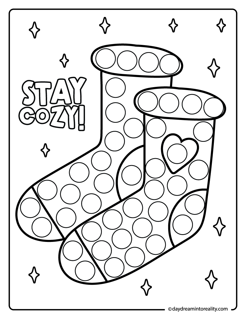 Fall dot marker coloring page with socks and stay cozy text