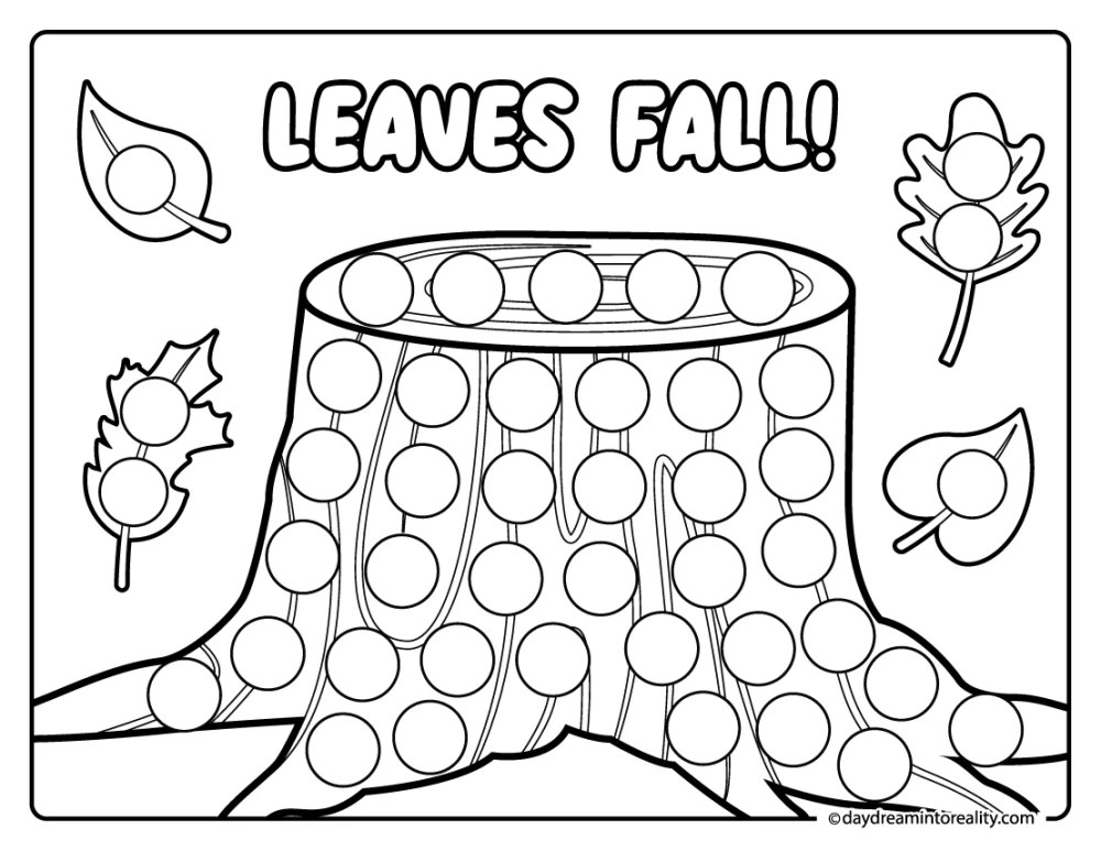 Fall dot marker coloring page with stump and falling leaves